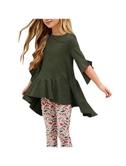 Caitefaso Girls Cute Shirts Summer Fall Ruffle Tunic Tops 3/4 Sleeve High Low Slim Blouses Tee 3-9 T