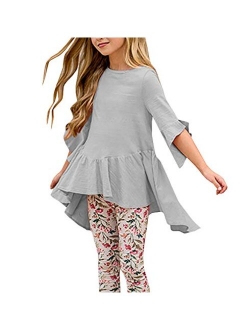 Caitefaso Girls Cute Shirts Summer Fall Ruffle Tunic Tops 3/4 Sleeve High Low Slim Blouses Tee 3-9 T