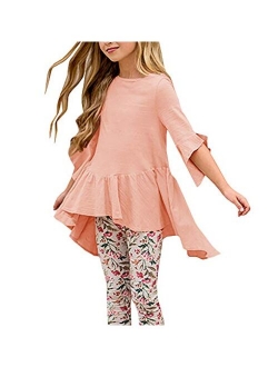 Caitefaso Girls Cute Shirts Summer Fall Ruffle Tunic Tops 3/4 Sleeve High Low Slim Blouses Tee 3-9 T