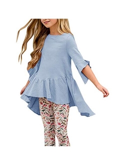 Caitefaso Girls Cute Shirts Summer Fall Ruffle Tunic Tops 3/4 Sleeve High Low Slim Blouses Tee 3-9 T