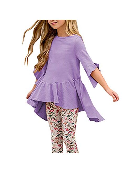 Caitefaso Girls Cute Shirts Summer Fall Ruffle Tunic Tops 3/4 Sleeve High Low Slim Blouses Tee 3-9 T