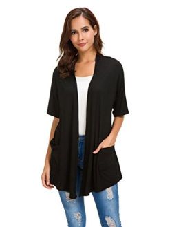 Womens Short Sleeve Open Front Lightweight Casual Comfy Long Line Drape Hem Soft Modal Cardigans Sweater with Two Pockets