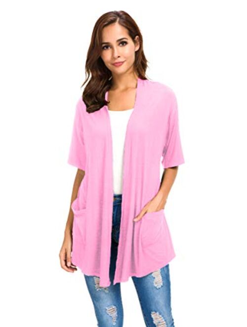 Womens Short Sleeve Open Front Lightweight Casual Comfy Long Line Drape Hem Soft Modal Cardigans Sweater with Two Pockets