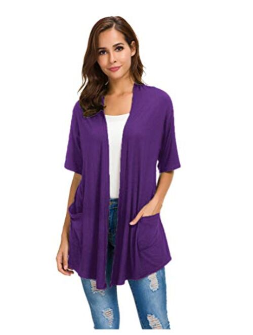 Womens Short Sleeve Open Front Lightweight Casual Comfy Long Line Drape Hem Soft Modal Cardigans Sweater with Two Pockets