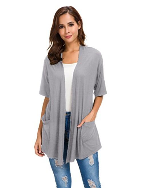 Womens Short Sleeve Open Front Lightweight Casual Comfy Long Line Drape Hem Soft Modal Cardigans Sweater with Two Pockets