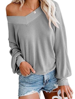 Dressmine Women's V Neck Long Sleeve Shirts Waffle Knit Off Shoulder Tops Oversized Pullover Sweaters