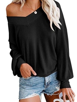 Dressmine Women's V Neck Long Sleeve Shirts Waffle Knit Off Shoulder Tops Oversized Pullover Sweaters