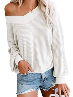 Dressmine Women's V Neck Long Sleeve Shirts Waffle Knit Off Shoulder Tops Oversized Pullover Sweaters