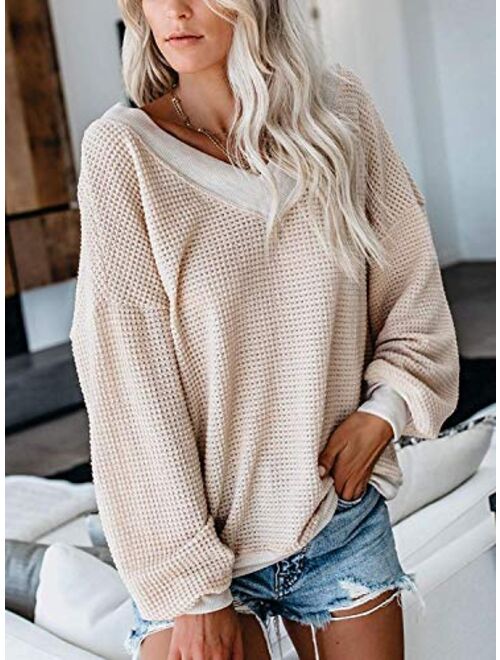 Dressmine Women's V Neck Long Sleeve Shirts Waffle Knit Off Shoulder Tops Oversized Pullover Sweaters