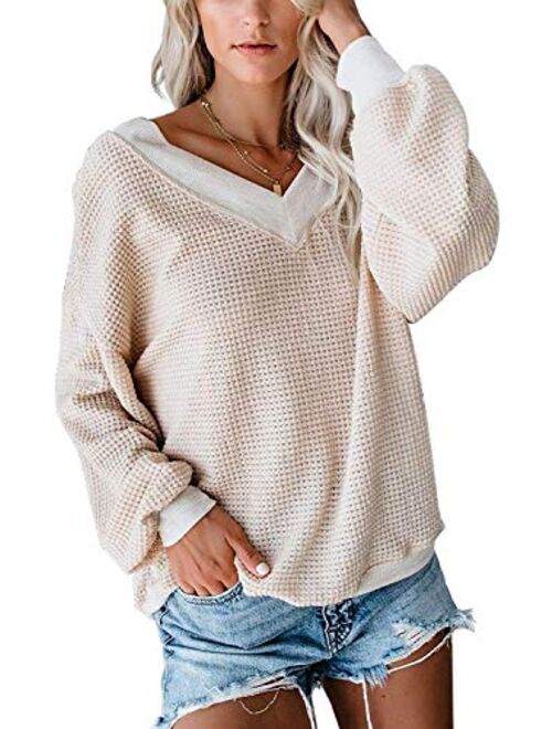 Dressmine Women's V Neck Long Sleeve Shirts Waffle Knit Off Shoulder Tops Oversized Pullover Sweaters