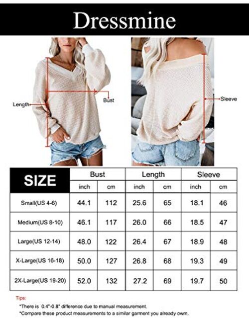 Dressmine Women's V Neck Long Sleeve Shirts Waffle Knit Off Shoulder Tops Oversized Pullover Sweaters