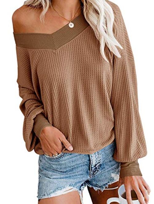 Dressmine Women's V Neck Long Sleeve Shirts Waffle Knit Off Shoulder Tops Oversized Pullover Sweaters