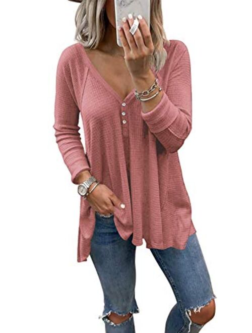 Dressmine Women's V Neck Long Sleeve Shirts Waffle Knit Off Shoulder Tops Oversized Pullover Sweaters