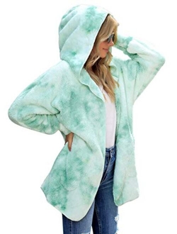 luvamia Women Fuzzy Fleece Open Front Pocket Hooded Cardigan Jacket Coat Outwear