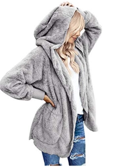 luvamia Women Fuzzy Fleece Open Front Pocket Hooded Cardigan Jacket Coat Outwear