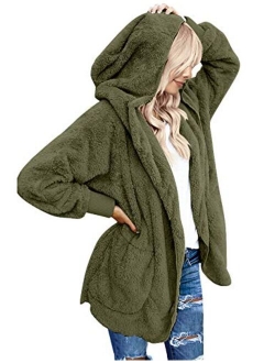 luvamia Women Fuzzy Fleece Open Front Pocket Hooded Cardigan Jacket Coat Outwear