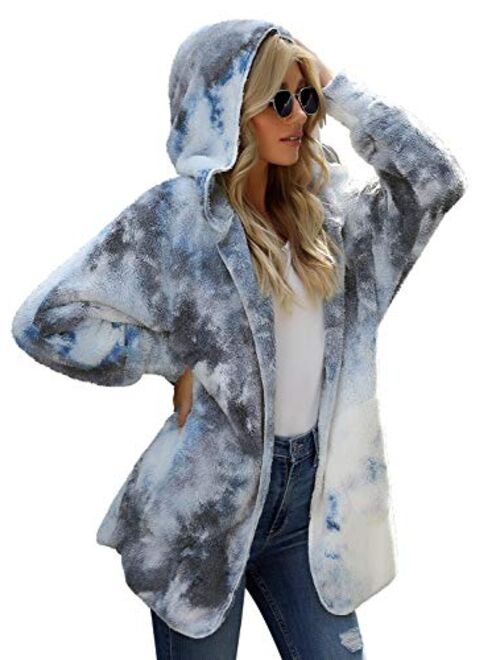 luvamia Women Fuzzy Fleece Open Front Pocket Hooded Cardigan Jacket Coat Outwear