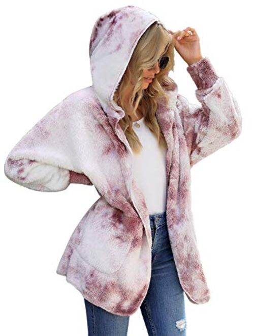 luvamia Women Fuzzy Fleece Open Front Pocket Hooded Cardigan Jacket Coat Outwear