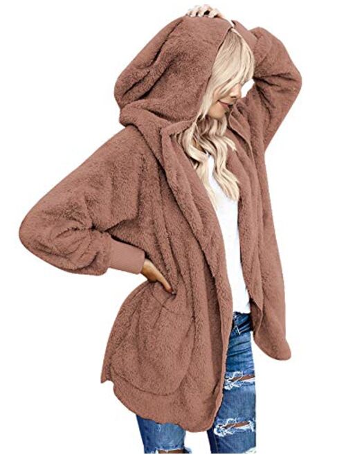 luvamia Women Fuzzy Fleece Open Front Pocket Hooded Cardigan Jacket Coat Outwear