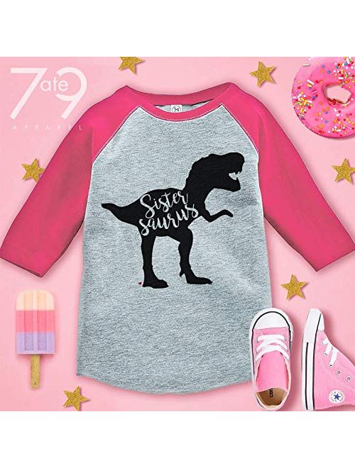 7 ate 9 Apparel Girls Sistersaurus Dinosaur Pink Baseball Tee