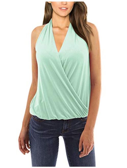 Yesfashion Women's Sleeveless V-Neck Drape Wrap Elastic Hem Tank Top