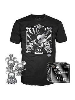 Pop! 3 Pack & Tee: Disney - Mickey's 90th T-Shirt & Silver Steamboat Willie, Conductor, & Apprentice, Size Medium, Multicolor