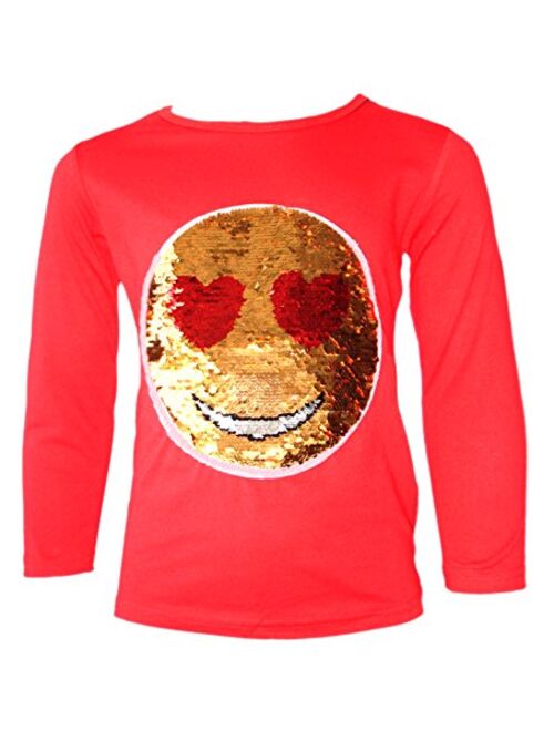 Girls Tops Emoji Print Kids Top Brush Changing Sequin Tee Emoticon Face T-Shirt