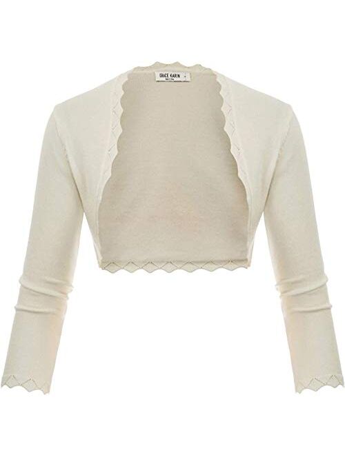 GRACE KARIN Women's 3/4 Sleeve Open Front Scalloped Knit Cropped Bolero Shrug