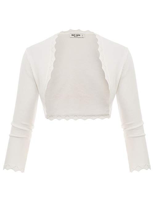 GRACE KARIN Women's 3/4 Sleeve Open Front Scalloped Knit Cropped Bolero Shrug