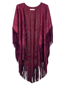 PERSUN Women's Faux Suede Kimono Cape Fringed Asymmetric Cover up Shawl