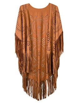 PERSUN Women's Faux Suede Kimono Cape Fringed Asymmetric Cover up Shawl