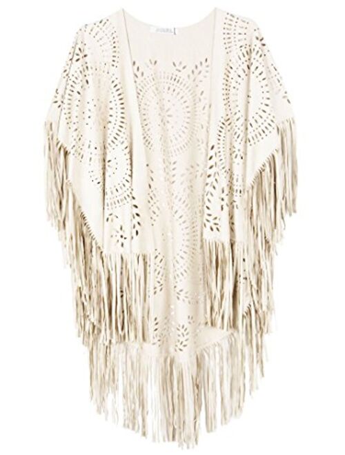 PERSUN Women's Faux Suede Kimono Cape Fringed Asymmetric Cover up Shawl