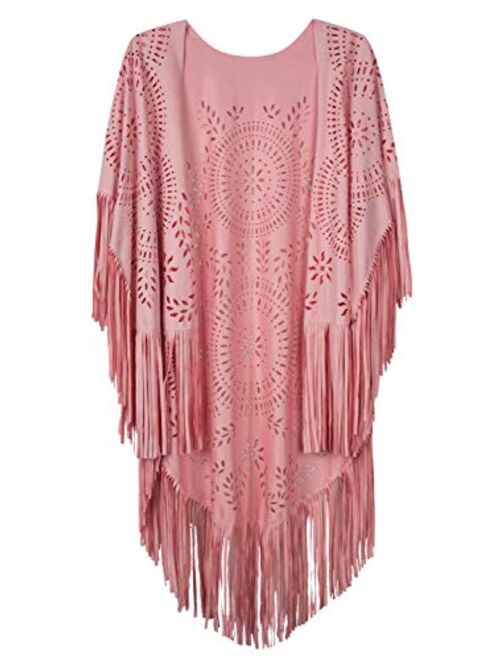 PERSUN Women's Faux Suede Kimono Cape Fringed Asymmetric Cover up Shawl