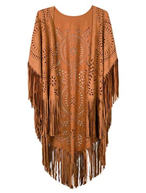 PERSUN Women's Faux Suede Kimono Cape Fringed Asymmetric Cover up Shawl