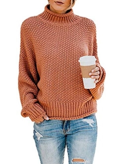 Ybenlow Womens Turtleneck Sweaters Batwing Long Sleeve Casual Loose Oversized Chunky Knit Pullover Jumper Tops