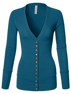 Luna Flower Women's V-Neck Snap Button Long Sleeve Soft Basic Knit Snap Cardigan Sweater