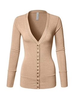 Luna Flower Women's V-Neck Snap Button Long Sleeve Soft Basic Knit Snap Cardigan Sweater