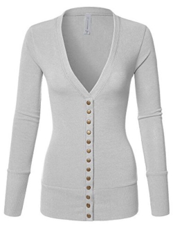 Luna Flower Women's V-Neck Snap Button Long Sleeve Soft Basic Knit Snap Cardigan Sweater