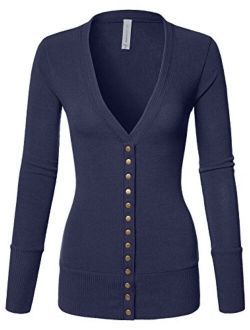 Luna Flower Women's V-Neck Snap Button Long Sleeve Soft Basic Knit Snap Cardigan Sweater