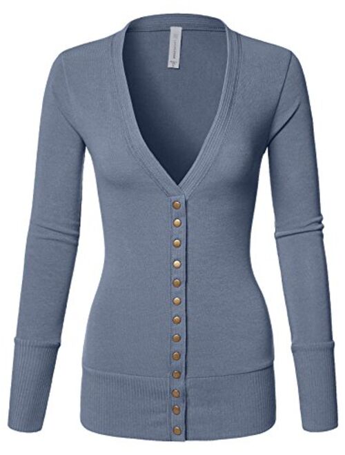 Luna Flower Women's V-Neck Snap Button Long Sleeve Soft Basic Knit Snap Cardigan Sweater