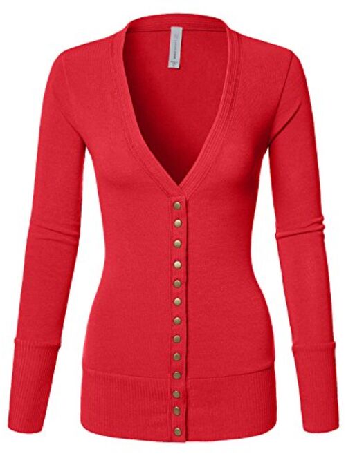 Luna Flower Women's V-Neck Snap Button Long Sleeve Soft Basic Knit Snap Cardigan Sweater