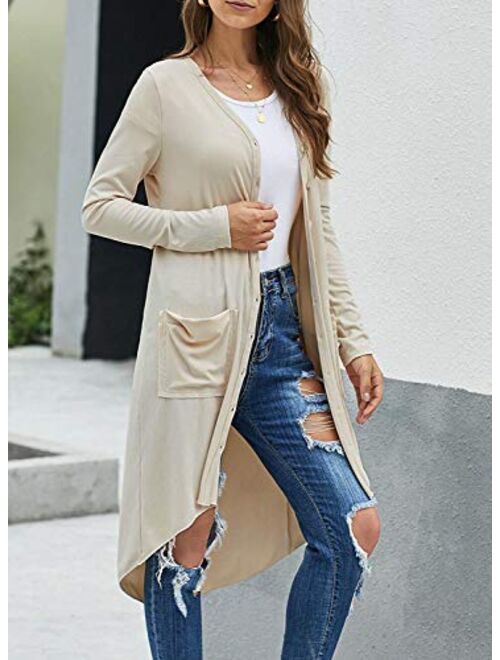 Alaster Queen Womens Open Front Cardigan Button Down High Low Hem Knitted Cardigan Outwear with Pockets