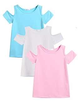 3 Pack Girls Crew Neck Tee Casual Cotton Short-Sleeve T-Shirt Tops with Cold Shoulder