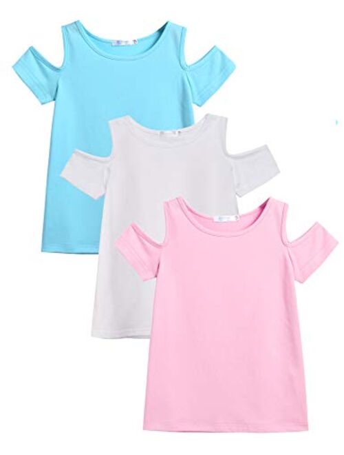 Arshiner 3 Pack Girls Crew Neck Tee Casual Cotton Short-Sleeve T-Shirt Tops with Cold Shoulder