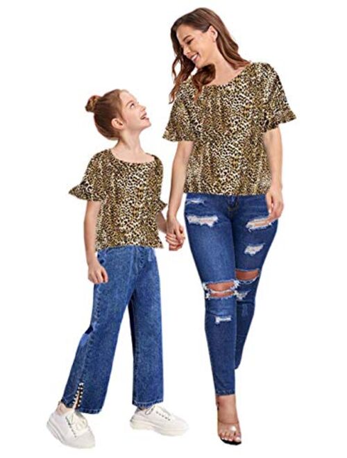 Mommy and Me Clothes Leopard Print Short Bell Sleeve Blouse Top Family Matching Round Neck Casual T-Shirt Top