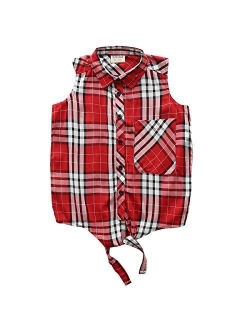 Big Girls Sleeveless Woven Plaid Button Down Shirts with Collar Red Black Navy Color