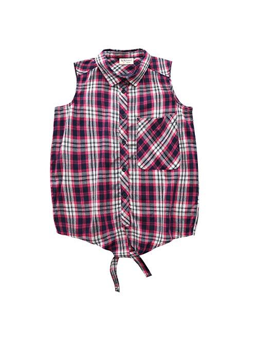 Big Girls Sleeveless Woven Plaid Button Down Shirts with Collar Red Black Navy Color