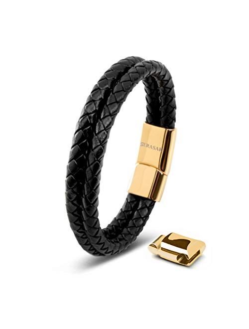 SERASAR | Premium Genuine Leather Bracelet for Men in Black | Magnetic Stainless Steel Clasp in Black, Silver and Gold | Exclusive Jewellery Box | Great Gift Idea