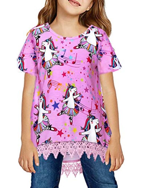 JESKIDS Girls Lace Tunic Tops Unicorn Short/Long Sleeve Loose Blouse T-Shirts with Pockets 4-11 Years