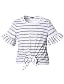 Girl's Short Sleeve Crop Top Tie Front Knot Casual Striped Tops Tee T Shirt 4-13Y